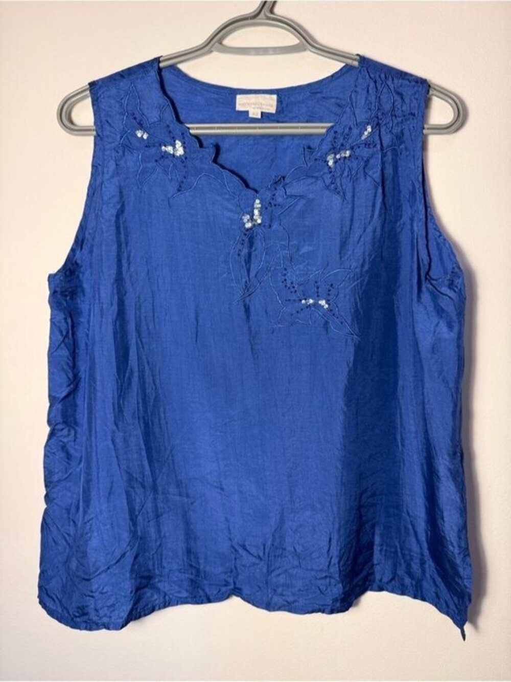 100% Silk Embroidered Sleeveless Camisole in Cobalt Blue